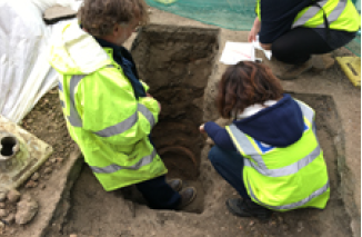 Simon West, District Archaeologist for St Albans City and District Council’s Museums’ Team (left) monitoring the work.