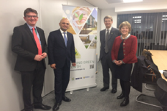 Chris Dunkley, CEO of RoCRE; Sajid Javid, the Secretary of State for Communities and Local Government; Cllr Julian Daly, Leader of St Albans City and District Council and Chair of the Green Triangle and Angela Karp, Director – Science Innovation, Engagement and Partnerships at Rothamsted Research.