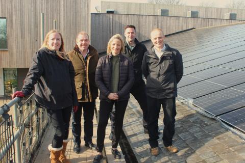 Cllr Campbell, far left, with, left to right, Alan Evers, Managing Director of TJ Evers, Chloe Ledger, Harpenden Leisure Centre Manager, James McNulty, Everyone Active’s Contract Manager, and Tristan Luckman, Contracts Manager for TJ Evers.